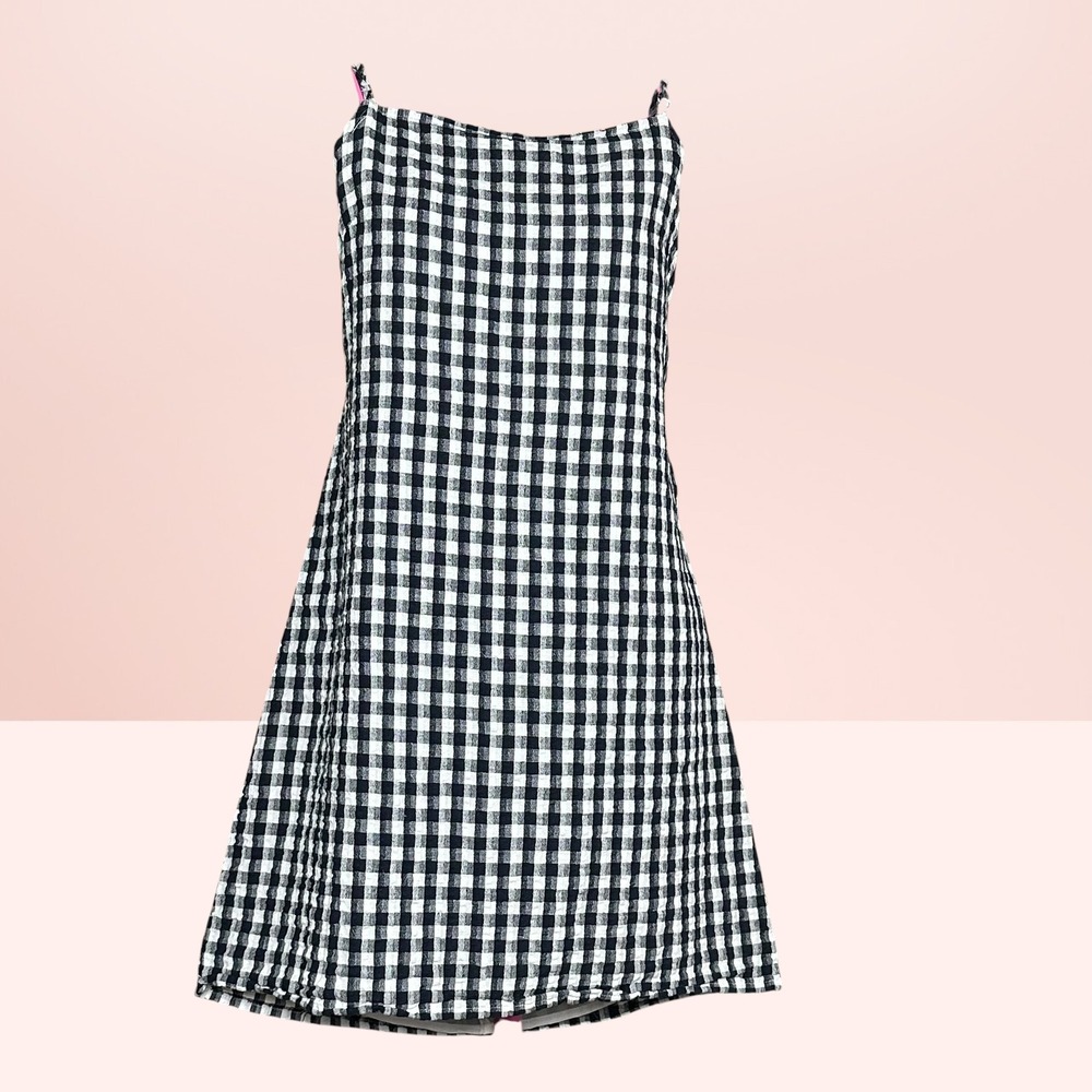 American Eagle Gingham Mini Dress Open Tie Back Picnic Summer Boho M Black White